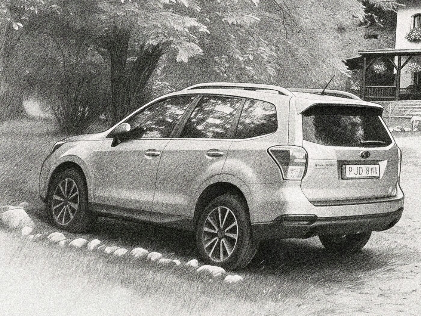 A car parked on the drive, every panel and wheel built out of fine pencil hatching