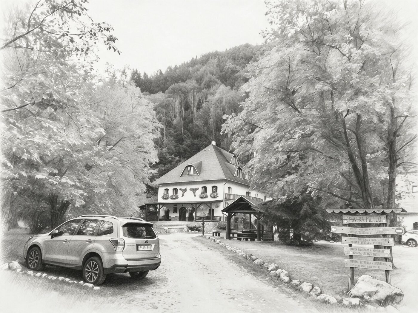 A photo of a mountain guesthouse at the end of a gravel drive, rendered by Memorink as a pencil drawing