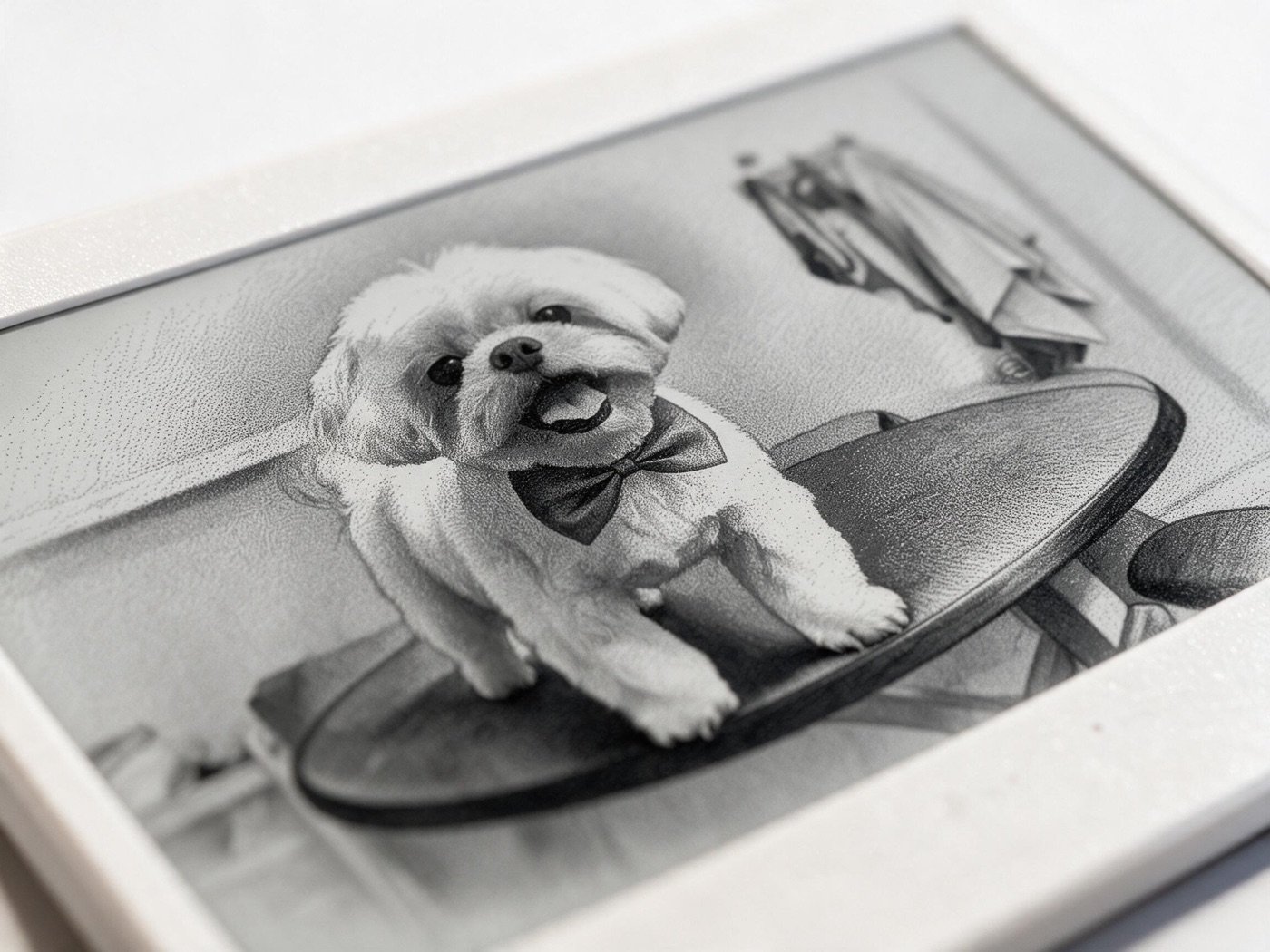 Close-up of a Memorink frame showing a stippled e-ink portrait of a small dog wearing a bow tie