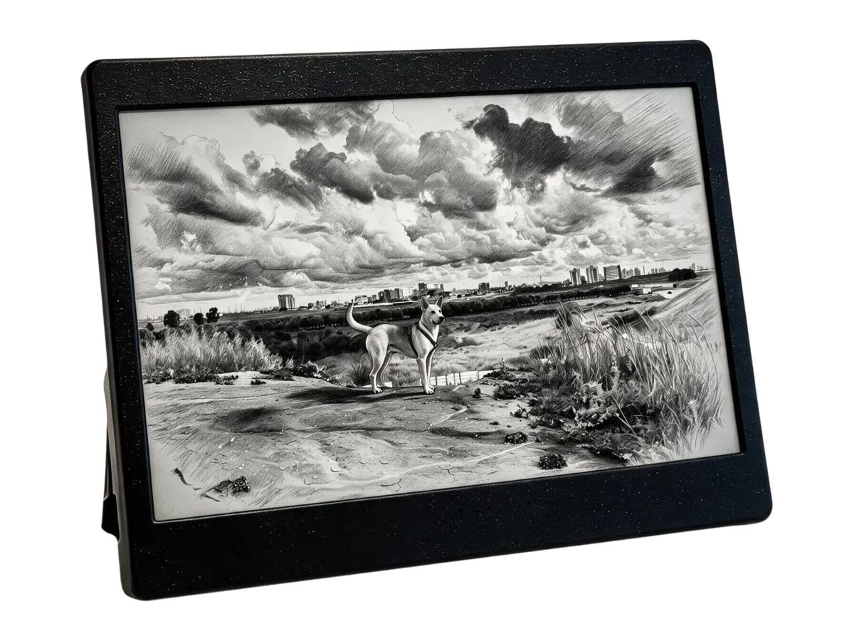 The Memorink frame in matte black, standing on its kickstand, showing a pencil drawing of a dog on a dune with a city skyline behind it