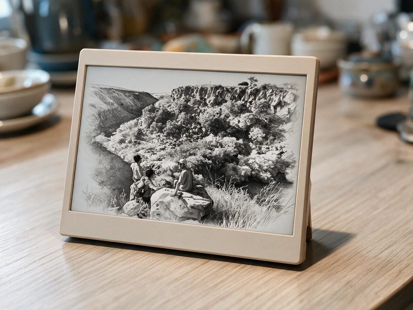 A cream Memorink frame standing on a kitchen table, showing a drawn photo of three hikers