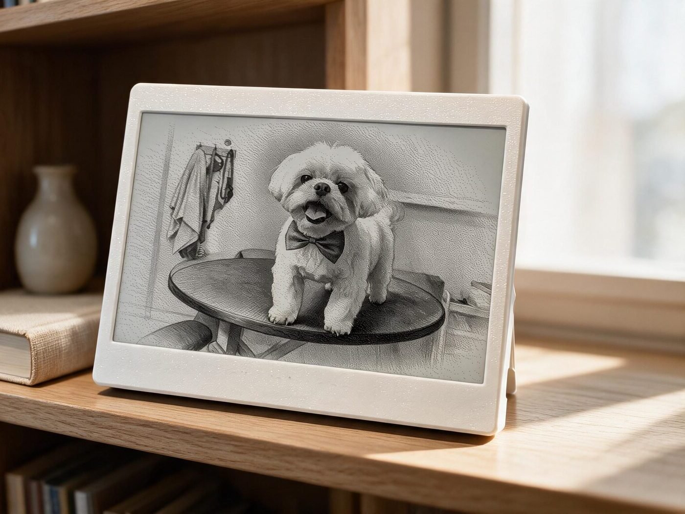 A white Memorink frame on a bookshelf beside a sunlit window, showing a drawn photo of a small white dog
