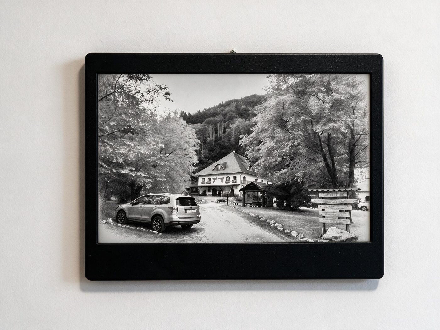 A black Memorink frame hung on a wall like a picture, showing a drawn photo of a house among trees